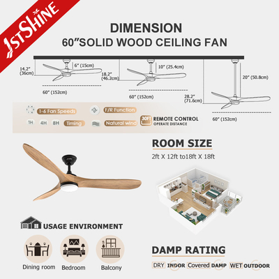 3 Wood Blade Ceiling Fan With Led Dimmable Light Hotel Decorative Indoor